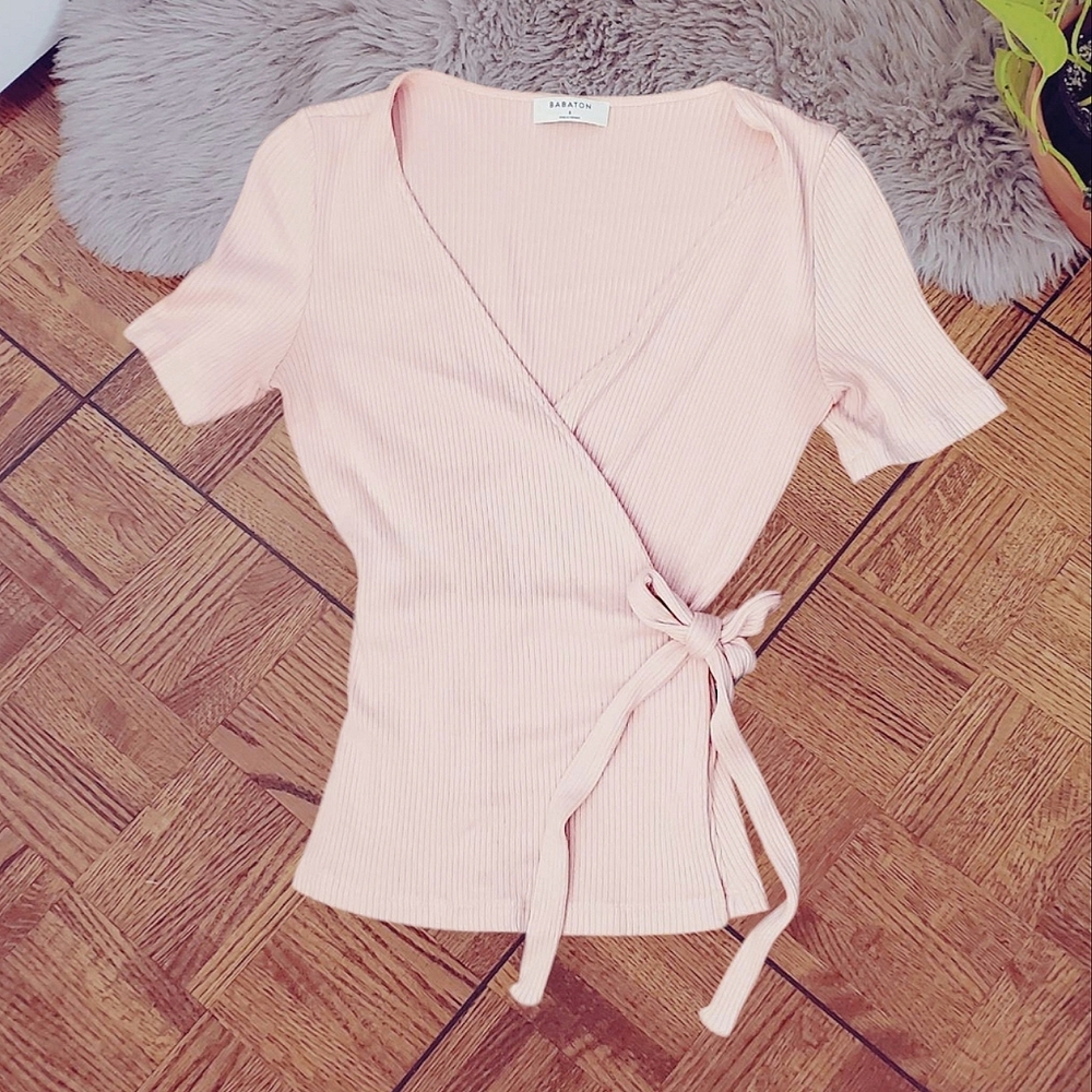 ARITZIA WILFRED "Dashiell Pink Prima" Ribbed Tie-Waist Surplice Ribbed Top